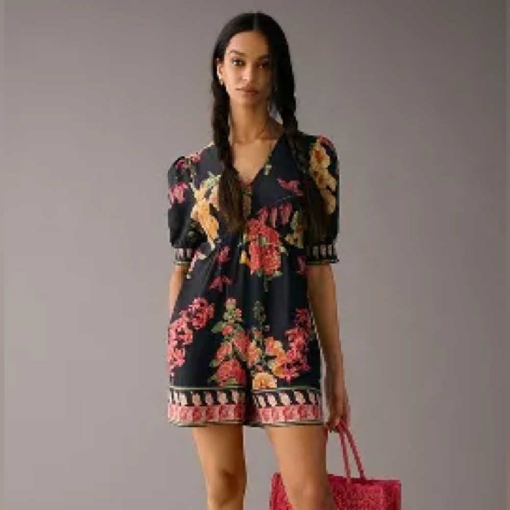 Anthropologie Floral Puff-Sleeve Romper in Navy with Pink & Yellow Bloom